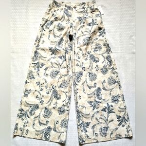Anthropologie women's Wide Leg Pants Linen Blend Blue Beige Paisley Floral Sz 2P
